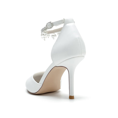 Damen PU mit Knöchelriemen Perlen Quaste Geschlossene Zehe Stiletto Absatz Hochzeitsschuhe