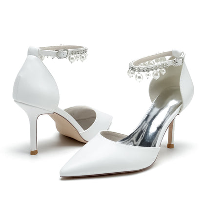 Damen PU mit Knöchelriemen Perlen Quaste Geschlossene Zehe Stiletto Absatz Hochzeitsschuhe