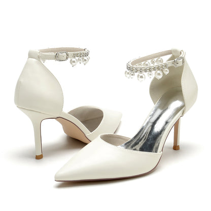 Damen PU mit Knöchelriemen Perlen Quaste Geschlossene Zehe Stiletto Absatz Hochzeitsschuhe