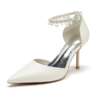 Damen PU mit Knöchelriemen Perlen Quaste Geschlossene Zehe Stiletto Absatz Hochzeitsschuhe