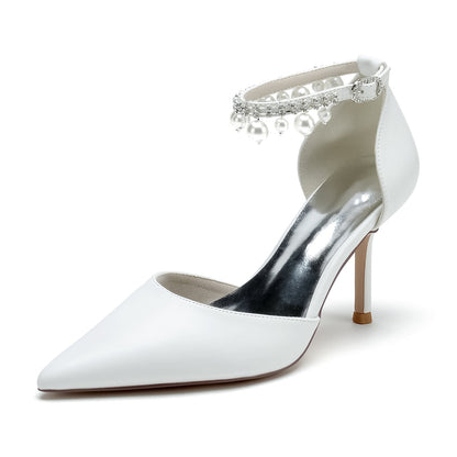 Damen PU mit Knöchelriemen Perlen Quaste Geschlossene Zehe Stiletto Absatz Hochzeitsschuhe