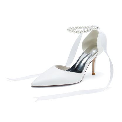 Damen PU mit Knöchelriemen Perle Geschlossene Zehen Stiletto-Absatz Abendschuhe