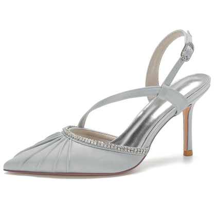 Damen Abendschuhe mit Knöchelriemen, Seidensatin, Strass, geschlossene Zehenpartie, Stilettoabsatz