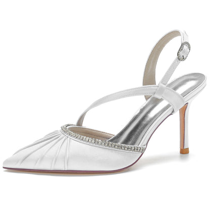 Damen Abendschuhe mit Knöchelriemen, Seidensatin, Strass, geschlossene Zehenpartie, Stilettoabsatz