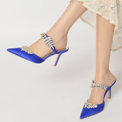 Damen Seidensatin mit Knöchelriemen Strass Quaste Geschlossene Zehen Stiletto Absatz Brautschuhe