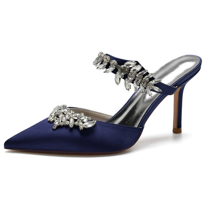 Damen Seidensatin mit Knöchelriemen Strass Quaste Geschlossene Zehen Stiletto Absatz Brautschuhe