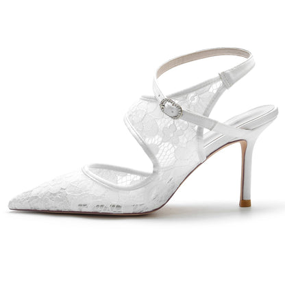 Damen Seidensatin Mit Knöchelriemen Spitze Geschlossene Zehen Stiletto Absatz Party Schuhe