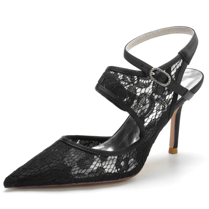 Damen Seidensatin Mit Knöchelriemen Spitze Geschlossene Zehen Stiletto Absatz Party Schuhe