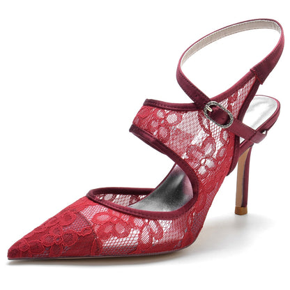 Damen Seidensatin Mit Knöchelriemen Spitze Geschlossene Zehen Stiletto Absatz Party Schuhe