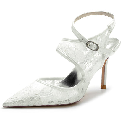 Damen Seidensatin Mit Knöchelriemen Spitze Geschlossene Zehen Stiletto Absatz Party Schuhe