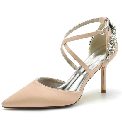 Damen Seidensatin Geschlossene Zehenpartie Knöchelriemen Stilettoabsatz Hochzeitsschuhe