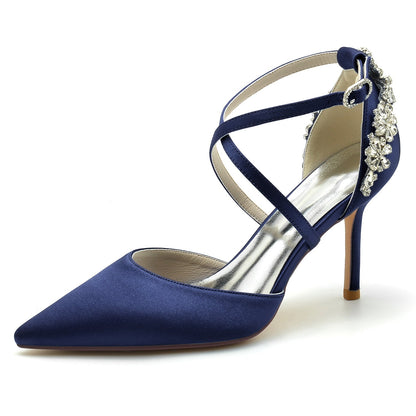Damen Seidensatin Geschlossene Zehenpartie Knöchelriemen Stilettoabsatz Hochzeitsschuhe