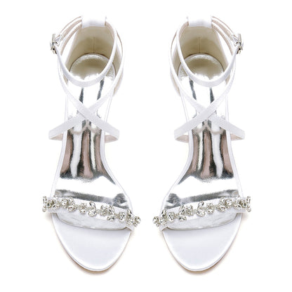 Damen Seidensatin Mit Knöchelriemen Strass Peep Toe Blockabsatz Partyschuhe