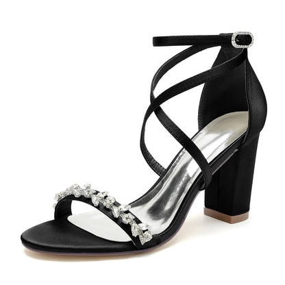 Damen Seidensatin Mit Knöchelriemen Strass Peep Toe Blockabsatz Partyschuhe
