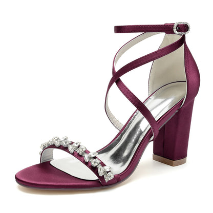 Damen Seidensatin Mit Knöchelriemen Strass Peep Toe Blockabsatz Partyschuhe