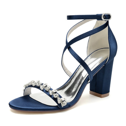 Damen Seidensatin Mit Knöchelriemen Strass Peep Toe Blockabsatz Partyschuhe