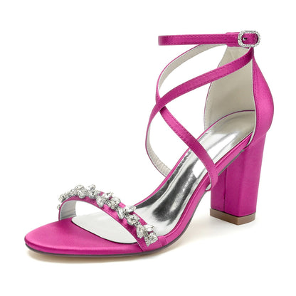 Damen Seidensatin Mit Knöchelriemen Strass Peep Toe Blockabsatz Partyschuhe