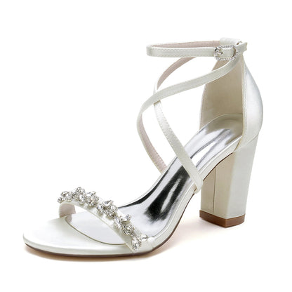 Damen Seidensatin Mit Knöchelriemen Strass Peep Toe Blockabsatz Partyschuhe