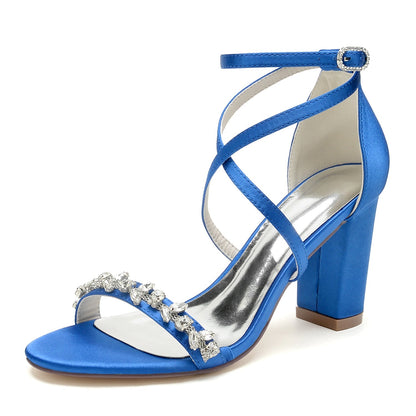 Damen Seidensatin Mit Knöchelriemen Strass Peep Toe Blockabsatz Partyschuhe