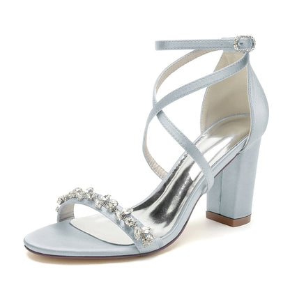 Damen Seidensatin Mit Knöchelriemen Strass Peep Toe Blockabsatz Partyschuhe