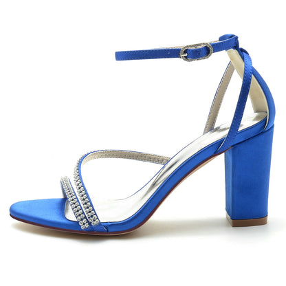Damen Seidensatin mit Peep Toe Knöchelriemen Strasssteine Blockabsatz Abendschuhe