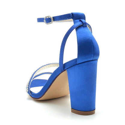 Damen Seidensatin mit Peep Toe Knöchelriemen Strasssteine Blockabsatz Abendschuhe