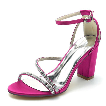 Damen Seidensatin mit Peep Toe Knöchelriemen Strasssteine Blockabsatz Abendschuhe