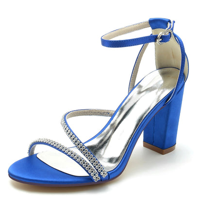 Damen Seidensatin mit Peep Toe Knöchelriemen Strasssteine Blockabsatz Abendschuhe