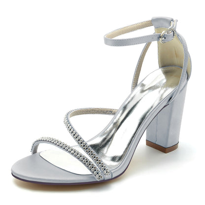 Damen Seidensatin mit Peep Toe Knöchelriemen Strasssteine Blockabsatz Abendschuhe