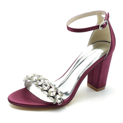 Damen Seidensatin mit Strass Knöchelriemen Peep Toe Blockabsatz Partyschuhe
