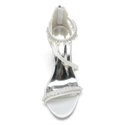 Damen Seidensatin mit Knöchelriemen Perle Strass Quaste Peep Toe Blockabsatz Party Schuhe