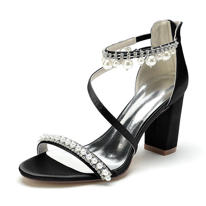 Damen Seidensatin mit Knöchelriemen Perle Strass Quaste Peep Toe Blockabsatz Party Schuhe
