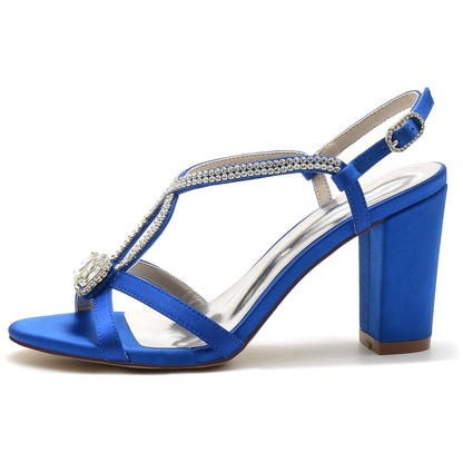Damen Seidensatin Strass mit Knöchelriemen Peep Toe Blockabsatz Partyschuhe