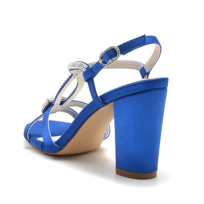 Damen Seidensatin Strass mit Knöchelriemen Peep Toe Blockabsatz Partyschuhe
