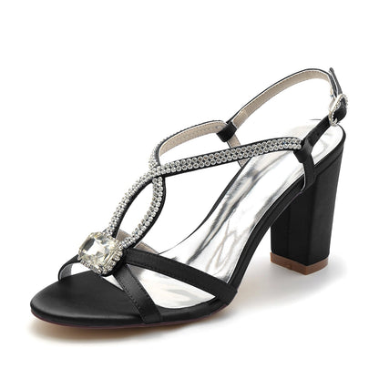 Damen Seidensatin Strass mit Knöchelriemen Peep Toe Blockabsatz Partyschuhe