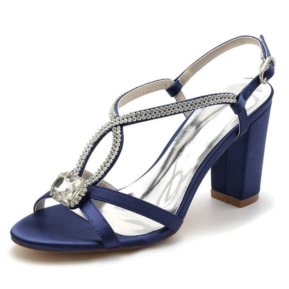 Damen Seidensatin Strass mit Knöchelriemen Peep Toe Blockabsatz Partyschuhe