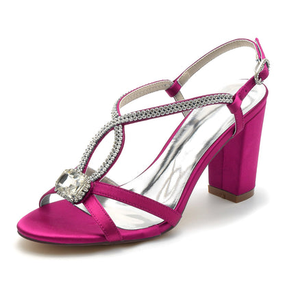 Damen Seidensatin Strass mit Knöchelriemen Peep Toe Blockabsatz Partyschuhe