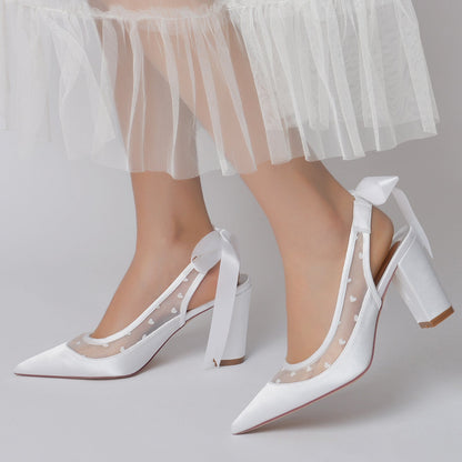 Damen Seidensatin mit Spitze Schnürung Geschlossene Zehenpartie Blockabsatz Partyschuhe