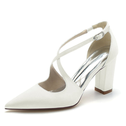 Damen Seidensatin mit Knöchelriemen Geschlossene Zehenpartie Blockabsatz Partyschuhe