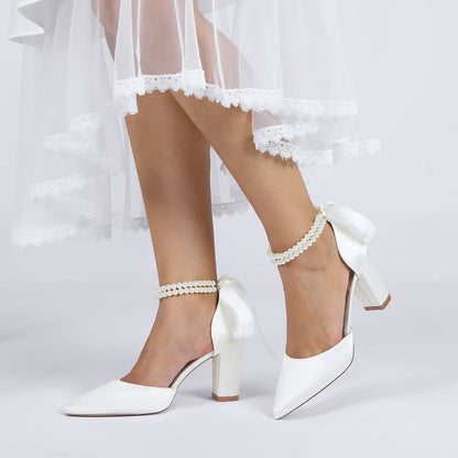 Damen Seidensatin mit Knöchelriemen, Schnürung, Perlen, geschlossene Zehenpartie, klobiger Absatz, Hochzeitsschuhe