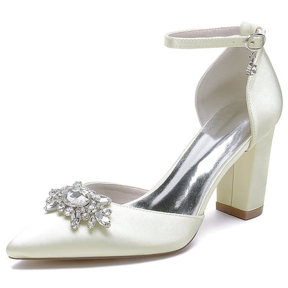 Damen Seidensatin mit Knöchelriemen Blockabsatz Strass Geschlossene Zehen Abendschuhe
