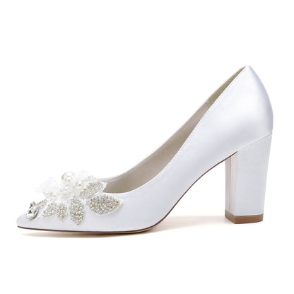 Damen Seidensatin mit Blumen-Strass Geschlossene Zehenpartie Blockabsatz Abendschuhe