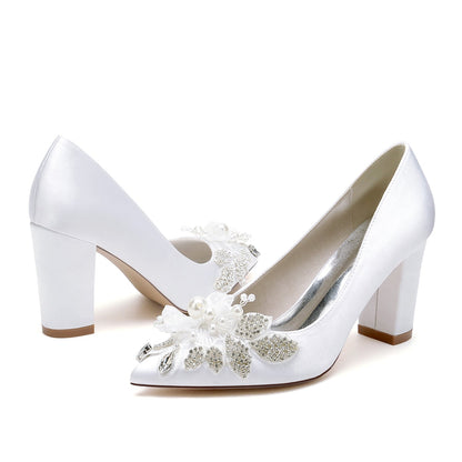 Damen Seidensatin mit Blumen-Strass Geschlossene Zehenpartie Blockabsatz Abendschuhe