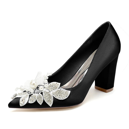 Damen Seidensatin mit Blumen-Strass Geschlossene Zehenpartie Blockabsatz Abendschuhe