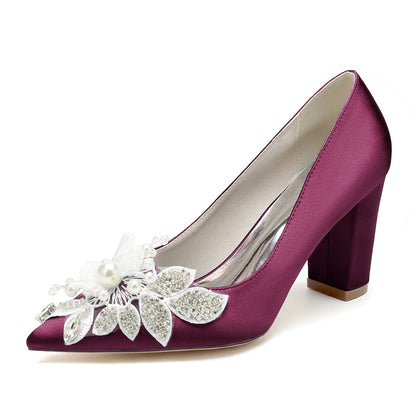 Damen Seidensatin mit Blumen-Strass Geschlossene Zehenpartie Blockabsatz Abendschuhe
