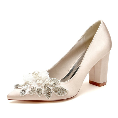 Damen Seidensatin mit Blumen-Strass Geschlossene Zehenpartie Blockabsatz Abendschuhe