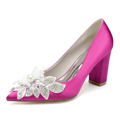 Damen Seidensatin mit Blumen-Strass Geschlossene Zehenpartie Blockabsatz Abendschuhe