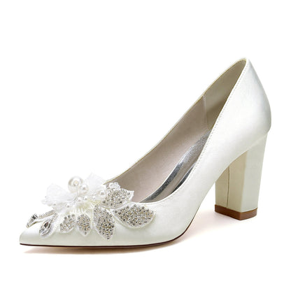 Damen Seidensatin mit Blumen-Strass Geschlossene Zehenpartie Blockabsatz Abendschuhe