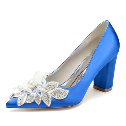 Damen Seidensatin mit Blumen-Strass Geschlossene Zehenpartie Blockabsatz Abendschuhe