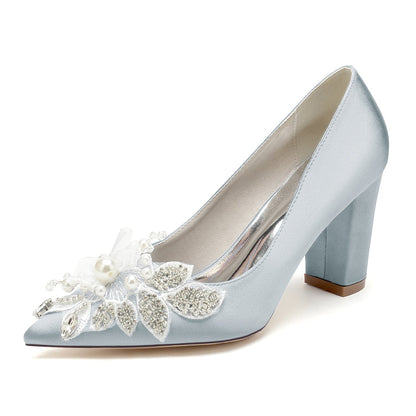 Damen Seidensatin mit Blumen-Strass Geschlossene Zehenpartie Blockabsatz Abendschuhe